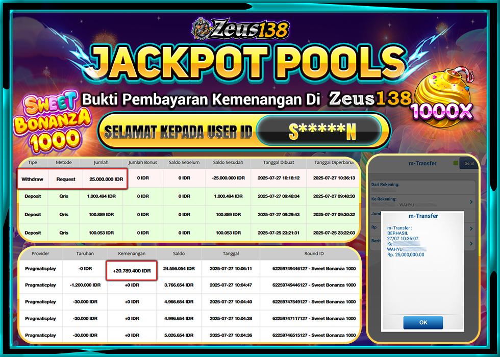 ZEUS138 SWEET BONANZA 1000Rp.25.000.000,- LUNAS